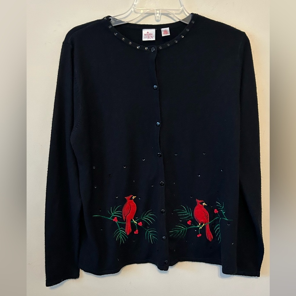 WISH FOR JOY CARDIGN SWEATER BLACK / RED-BIRD HOLIDAY DESIGN APPLIQUÉS SEQUINS L